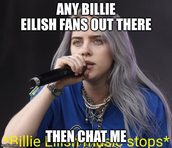 *Billie Eilish music stops* | Any Billie eilish fans out there; Then chat me | image tagged in billie eilish music stops | made w/ Imgflip meme maker