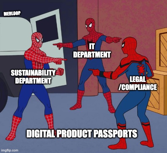 Digital Product Passports | merloop; IT Department; Sustainability Department; legal /compliance; Digital product passports | image tagged in spider man triple | made w/ Imgflip meme maker