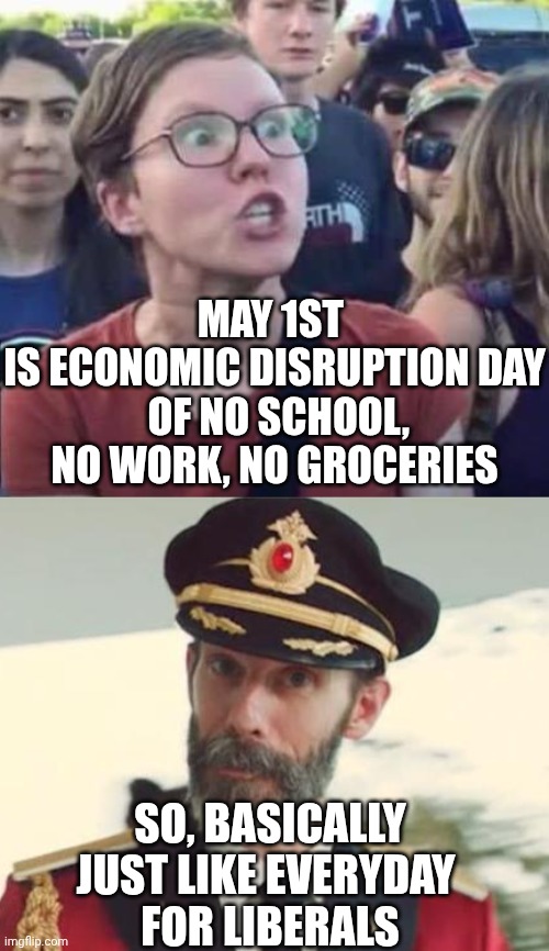Good Luck With That | May 1st 
Is economic disruption day
 of no school, no work, no groceries; So, basically just like everyday 
For liberals | image tagged in angry liberal,captain obvious,leftists,liberal logic,democrats,may 1 | made w/ Imgflip meme maker