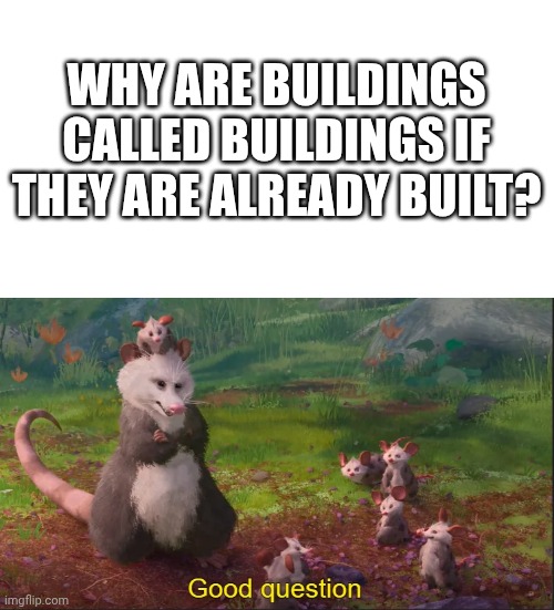 . | Why are buildings called buildings if they are already built? | image tagged in why aren't we killed yet good question | made w/ Imgflip meme maker
