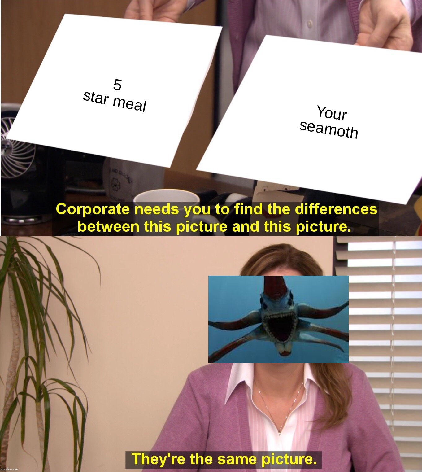They're The Same Picture Meme | 5 star meal; Your seamoth | image tagged in memes,they're the same picture,subnautica | made w/ Imgflip meme maker