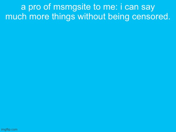 a pro of msmgsite to me: i can say much more things without being censored. | made w/ Imgflip meme maker