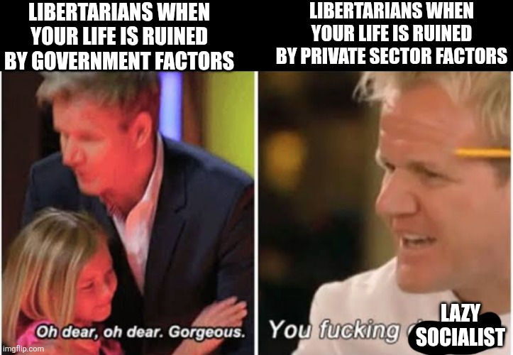 Libertarians only pretend to care about you when it's not a non-government factor that doesn't affect them | Libertarians when your life is ruined by government factors; Libertarians when your life is ruined by private sector factors; Lazy socialist | image tagged in gordon ramsay kids vs adults,libertarianism,conservative hypocrisy,selfish,selfishness,scumbag | made w/ Imgflip meme maker