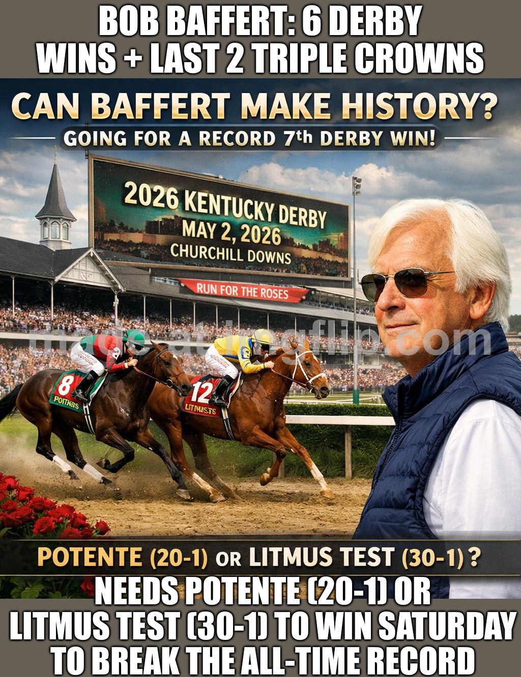 BOB BAFFERT: NEEDS POTENTE (20-1) OR LITMUS TEST (30-1) TO WIN SATURDAY TO BREAK THE ALL-TIME RECORD | BOB BAFFERT: 6 DERBY WINS + LAST 2 TRIPLE CROWNS; NEEDS POTENTE (20-1) OR LITMUS TEST (30-1) TO WIN SATURDAY TO BREAK THE ALL-TIME RECORD | image tagged in 2026 kentucky derby,analysis,sports,money,horsepower,horses | made w/ Imgflip meme maker