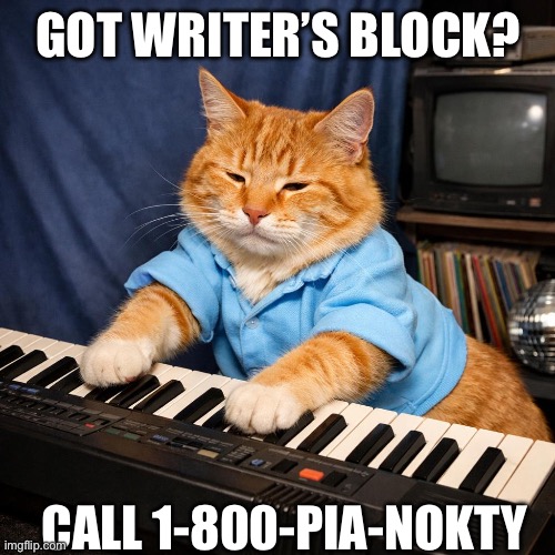 For writers block | Got writer’s block? Call 1-800-PIA-NOKTY | image tagged in keyboard cat | made w/ Imgflip meme maker