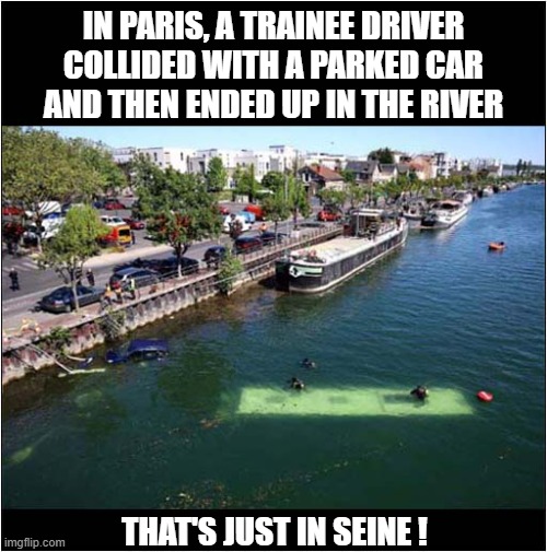 How Did She That ? | In Paris, A Trainee Driver collided with a parked car and then ended up in the river; that's just in seine ! | image tagged in bus,crash,paris,play on words | made w/ Imgflip meme maker