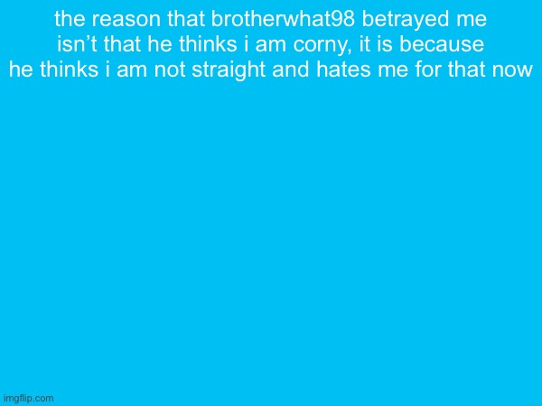 the reason that brotherwhat98 betrayed me isn’t that he thinks i am corny, it is because he thinks i am not straight and hates me for that now | made w/ Imgflip meme maker