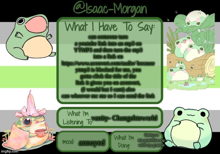 read description if you cant read the image | can someone turn a youtube link into an mp3 on YTMP3 and then turn the mp3 into a link on https://www.aconvert.com/audio/ because ytmp3 is blocked for me, you gotta click the title of the link it gives you on aconvert, (I would but I cant) also can whoever mc me so I can send the link; vanity- Changehtewxrld; listing to my grandma yap with my grannie; annoyed | image tagged in sam's froggy temp ty seasalt | made w/ Imgflip meme maker