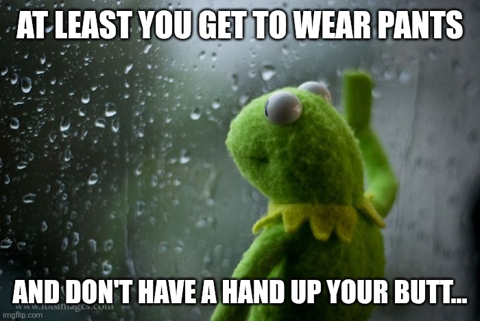 kermit window | At least you get to wear pants And don't have a hand up your butt... | image tagged in kermit window | made w/ Imgflip meme maker