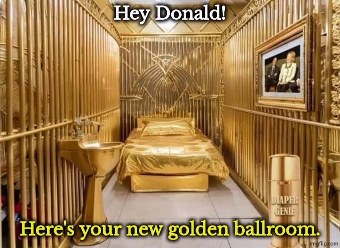 Just think of the taxpayers's money we could save. Billions! | Hey Donald! Here's your new golden ballroom. | image tagged in _trump golden jail cell jpg,trump,gold,ballroom,jail,prison | made w/ Imgflip meme maker