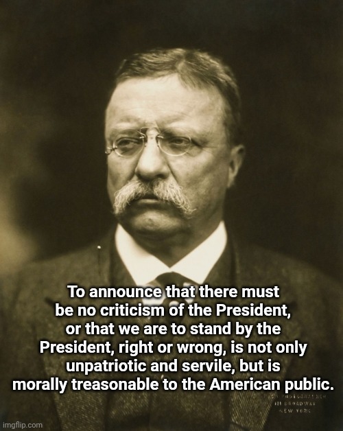 teddy roosevelt | To announce that there must be no criticism of the President, or that we are to stand by the President, right or wrong, is not only unpatrio | image tagged in teddy roosevelt | made w/ Imgflip meme maker