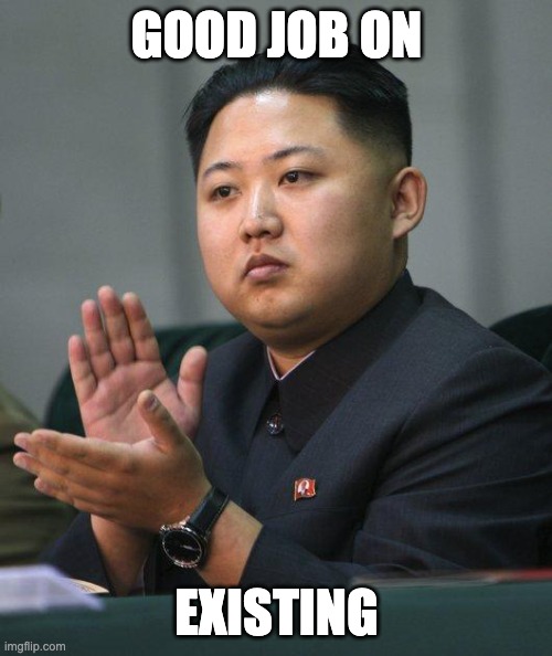 :D | good job on; existing | image tagged in kim jong un,idk,memes | made w/ Imgflip meme maker