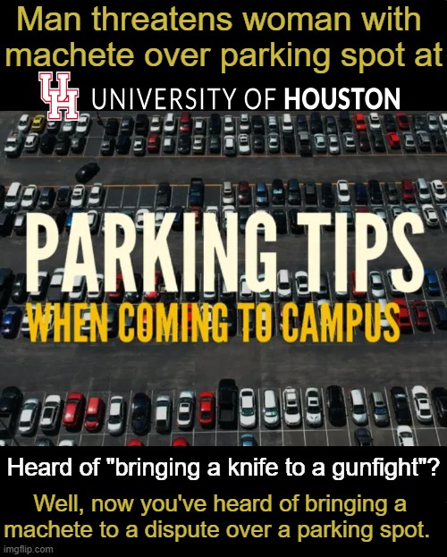 The suspect works for the University which has been described as doing cutting-edge research... | Man threatens woman with 
machete over parking spot at; Heard of "bringing a knife to a gunfight"? Well, now you've heard of bringing a 
machete to a dispute over a parking spot. | image tagged in university,houston,parking lot,machete,cutting-edge research at u of h,police | made w/ Imgflip meme maker
