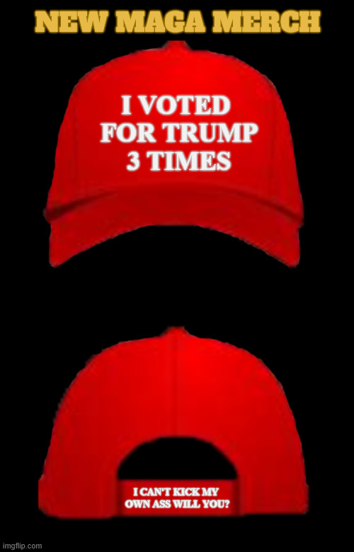New Kick Ass MAGA Merch | NEW MAGA MERCH; I Voted 
for trump
3 times; I Can't kick my 
own ass will you? | image tagged in new kick ass maga merch,dump trump,impeach the doddering old fool,putin's putz | made w/ Imgflip meme maker