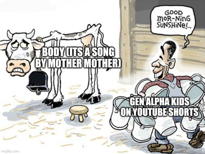 It all started because of an edit with a slowed down version | Body (Its a song by Mother Mother); Gen Alpha kids on Youtube Shorts | image tagged in milking the cow,gen alpha | made w/ Imgflip meme maker
