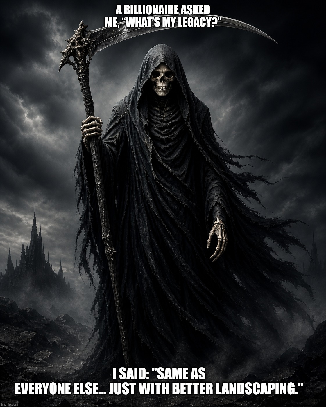 Death | A billionaire asked me, “What’s my legacy?”; I said: "Same as everyone else… just with better landscaping." | image tagged in billionaire,grimm reaper,rich,death | made w/ Imgflip meme maker