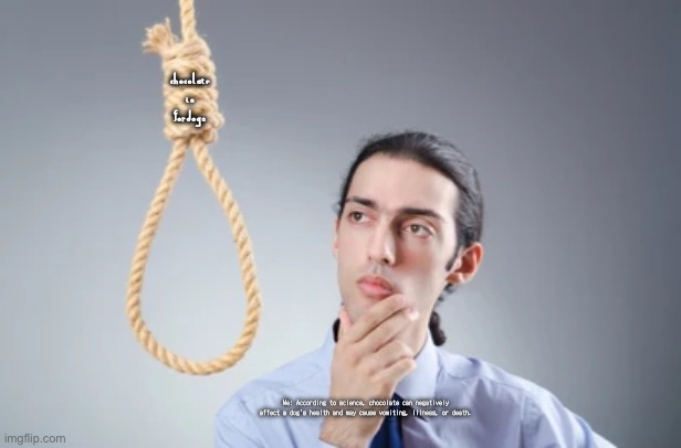 Dogs shouldn’t eat chocolate. Don’t listen to the noose. Listen to science. | Chocolate is for dogs; Me: According to science, chocolate can negatively affect a dog’s health and may cause vomiting, illness, or death. | image tagged in man thinking at noose,chocolate,dogs | made w/ Imgflip meme maker
