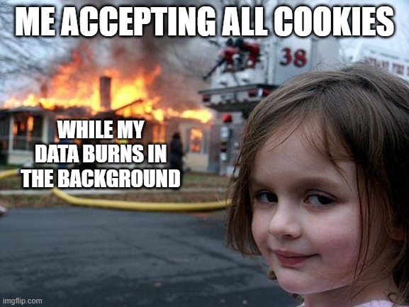 Disaster Girl Meme | Me accepting all cookies; while my data burns in the background | image tagged in memes,disaster girl | made w/ Imgflip meme maker