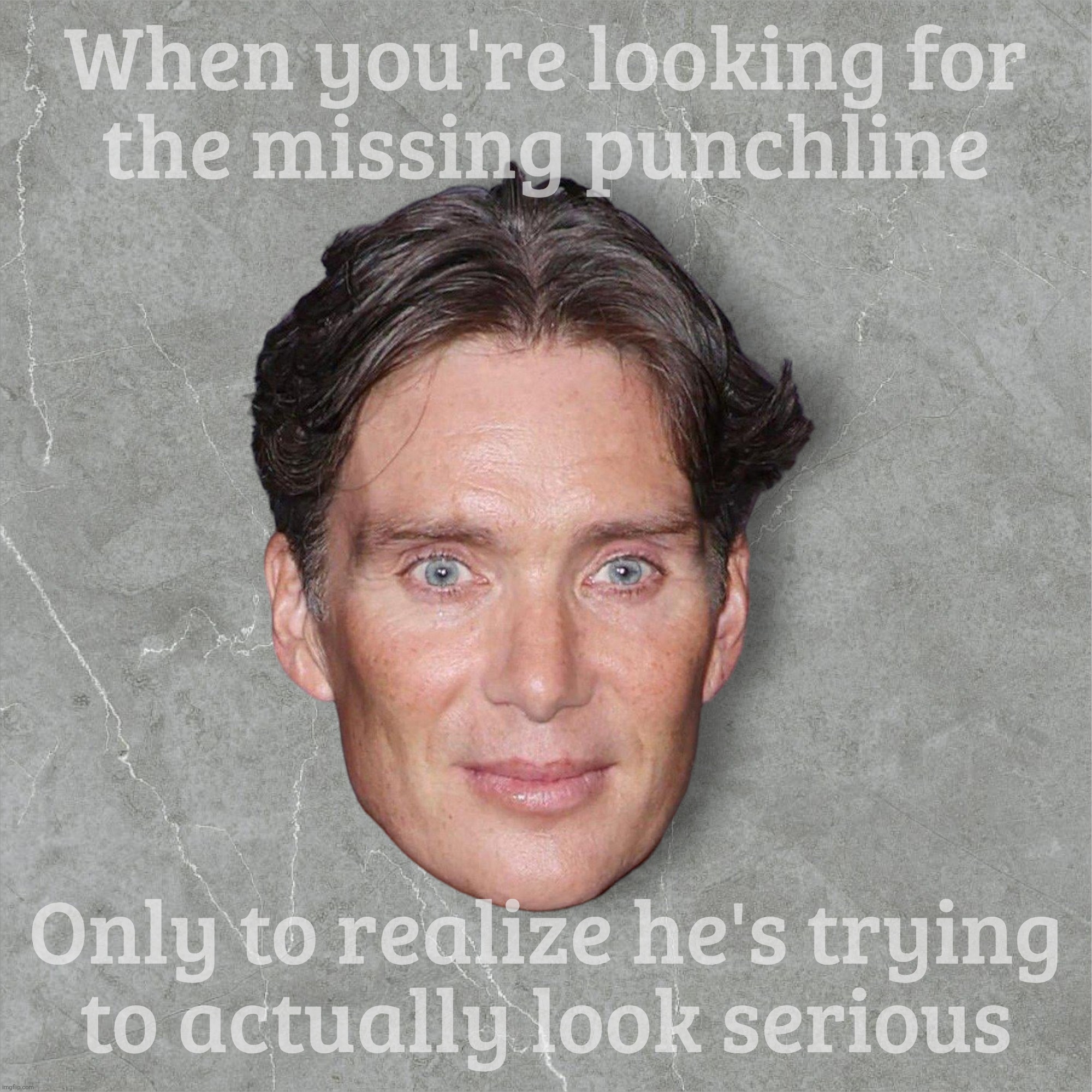 Some folks are totally out  in zarzom land  but apparently do not know it | When you're looking for
the missing punchline; Only to realize he's trying
to actually look serious | image tagged in cillian murphy | made w/ Imgflip meme maker