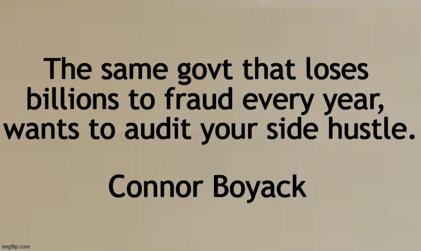 Oh, the irony! | The same govt that loses 

billions to fraud every year, 

wants to audit your side hustle. Connor Boyack | image tagged in big government,evil government,unbelievable,double standards,too much | made w/ Imgflip meme maker