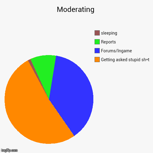 Moderating | Getting asked stupid sh*t, Forums/Ingame, Reports, sleeping | image tagged in funny,pie charts | made w/ Imgflip chart maker