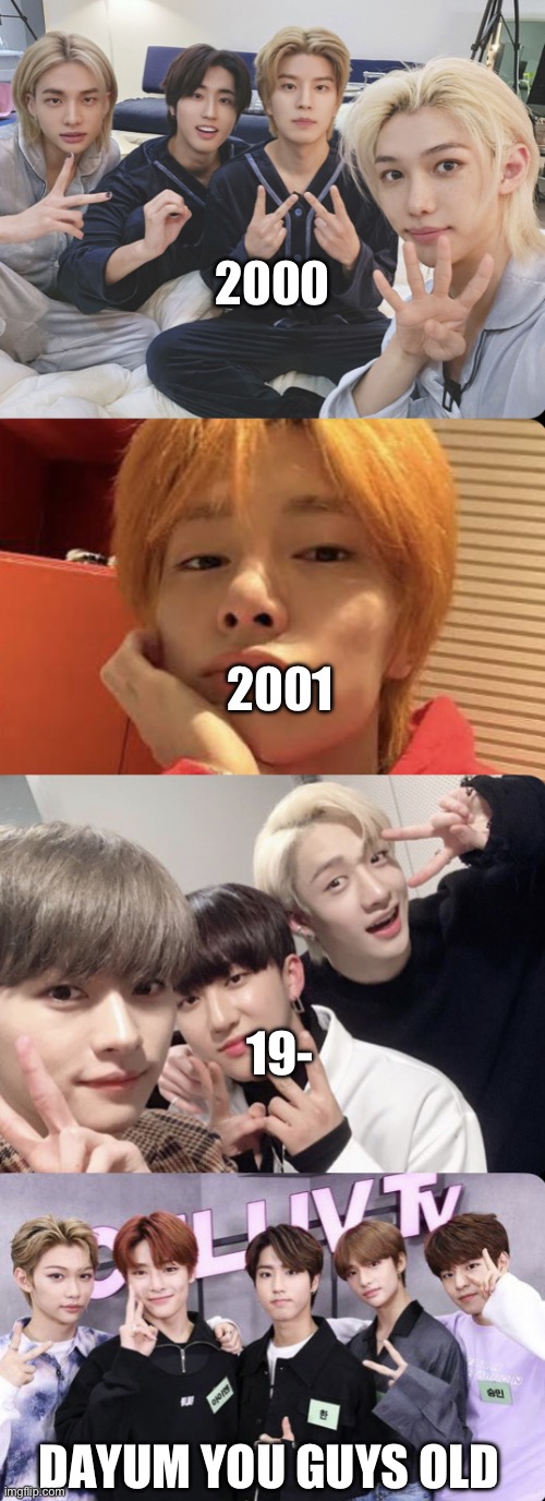 Skz ages #chanissoold | 2000; 2001; 19-; DAYUM you guys old | image tagged in skz ages chanissoold | made w/ Imgflip meme maker