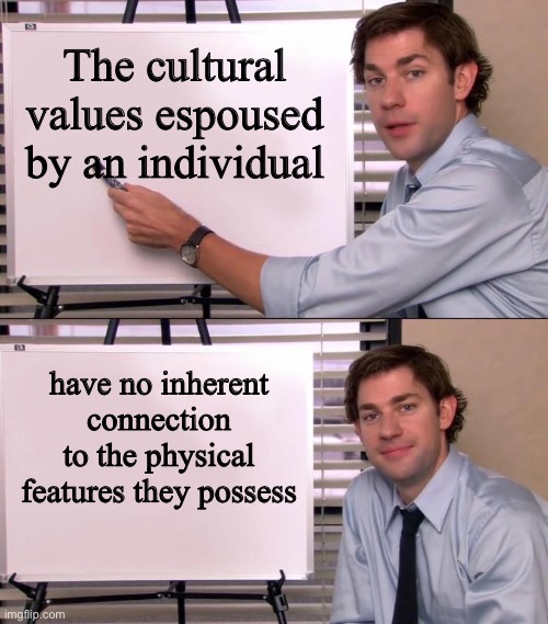 “Race” | The cultural values espoused by an individual; have no inherent connection to the physical features they possess | image tagged in jim halpert explains | made w/ Imgflip meme maker