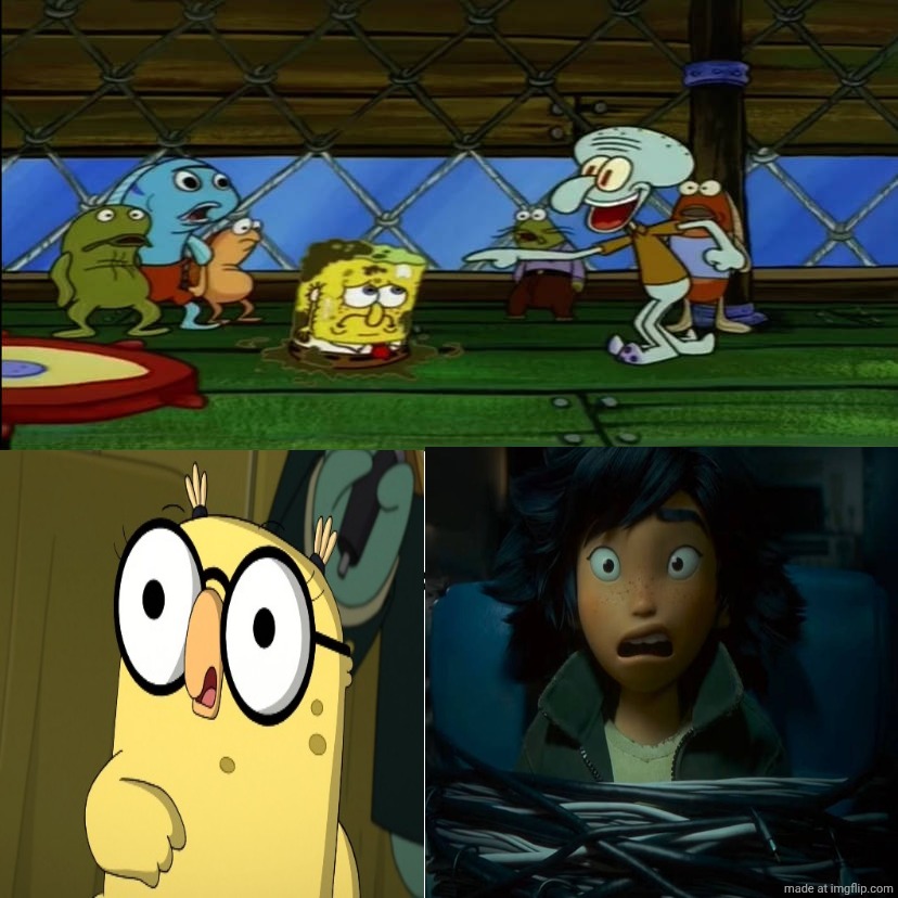 Patty Hoot (Kiff) and Mabel Tanaka reaction to squidward's pranks | image tagged in who's reaction to squidward's pranks,disney,pixar,kiff,hoppers,spongebob | made w/ Imgflip meme maker