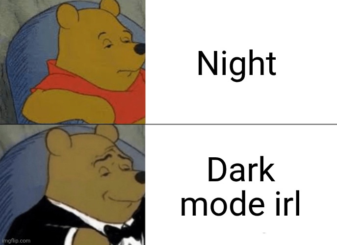 Title | Night; Dark mode irl | image tagged in memes,tuxedo winnie the pooh | made w/ Imgflip meme maker
