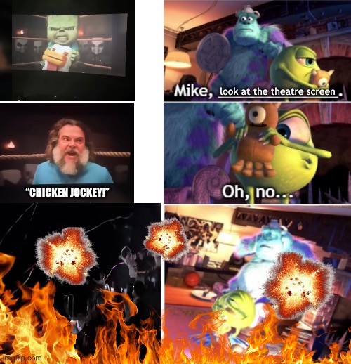 When Mike and Sulley go to watch the Minecraft movie in theatres: | look at the theatre screen; “CHICKEN JOCKEY!” | image tagged in wazowski and sulley reaction to loud thing,chicken jockey,minecraft movie,i am steve,destruction | made w/ Imgflip meme maker