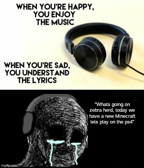 zebra gamer | "Whats going on zebra herd, today we have a new Minecraft lets play on the ps4" | image tagged in when your sad you understand the lyrics,remix | made w/ Imgflip meme maker