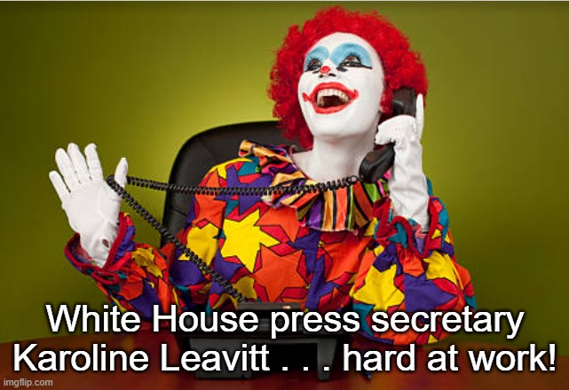 Karoline Leavitt On the Job | White House press secretary Karoline Leavitt . . . hard at work! | image tagged in karoline leavitt,clown press secretary,i hate karoline leavitt,i hate donald trump,trump sucks | made w/ Imgflip meme maker