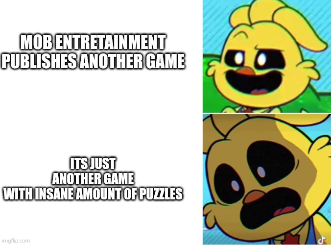 KickinChicken Oh yeah! Oh no... | Mob Entretainment publishes another game; Its just another game with insane amount of puzzles | image tagged in kickinchicken oh yeah oh no | made w/ Imgflip meme maker