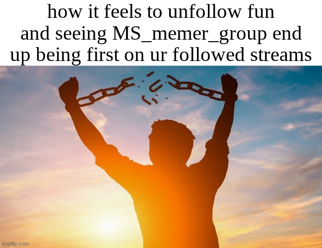 y'all I don't know if you care about the shit I do but I'ma try to be more active in Undertale now | how it feels to unfollow fun and seeing MS_memer_group end up being first on ur followed streams | image tagged in blank white template,breaking chains | made w/ Imgflip meme maker