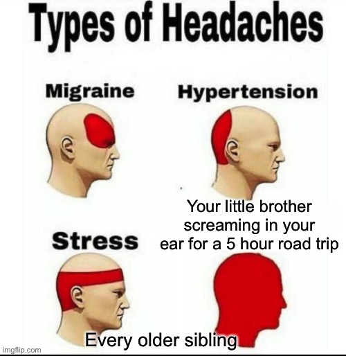 Infinitely relatable sibling meme | Your little brother screaming in your ear for a 5 hour road trip; Every older sibling | image tagged in types of headaches meme,siblings,funny,headaches | made w/ Imgflip meme maker
