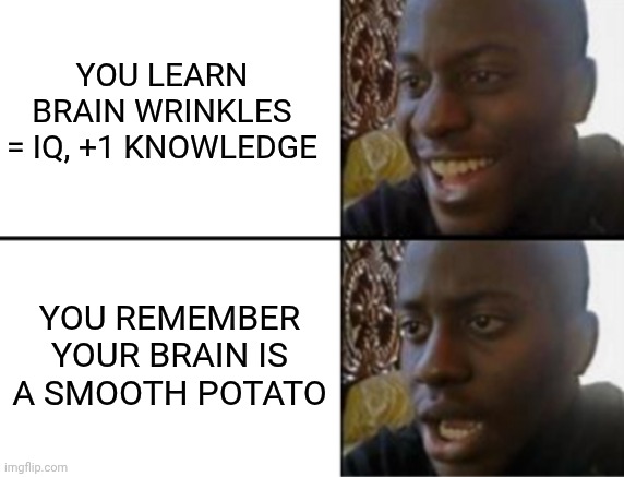 . | You learn brain wrinkles = iq, +1 knowledge; You remember your brain is a smooth potato | image tagged in oh yeah oh no | made w/ Imgflip meme maker