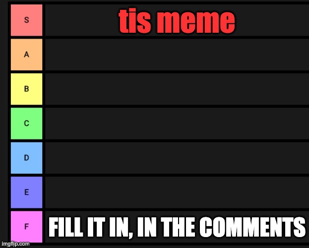 fill the chart in the comments pls | tis meme; fill it in, in the comments | image tagged in tier list,idk,memes | made w/ Imgflip meme maker