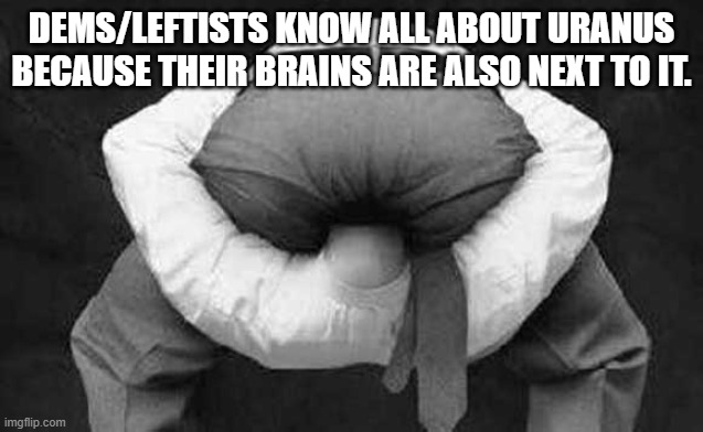 Dems/leftists know all about uranus because their brains are also next to it. | image tagged in head up ass | made w/ Imgflip meme maker