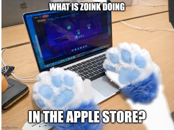 Zoink in the Apple Store | What is Zoink doing; in the Apple store? | image tagged in geometry dash,memes,zoink | made w/ Imgflip meme maker