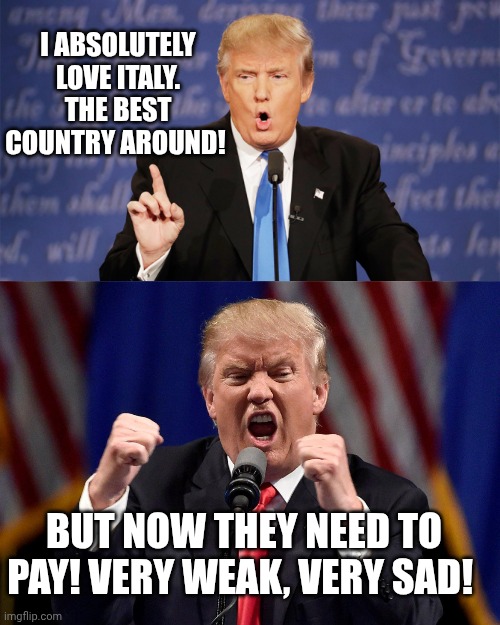 How Donald Trump changed idea about my country | I absolutely love Italy. The best country around! But now they need to pay! Very weak, very sad! | image tagged in donald trump wrong,angry donald trump | made w/ Imgflip meme maker