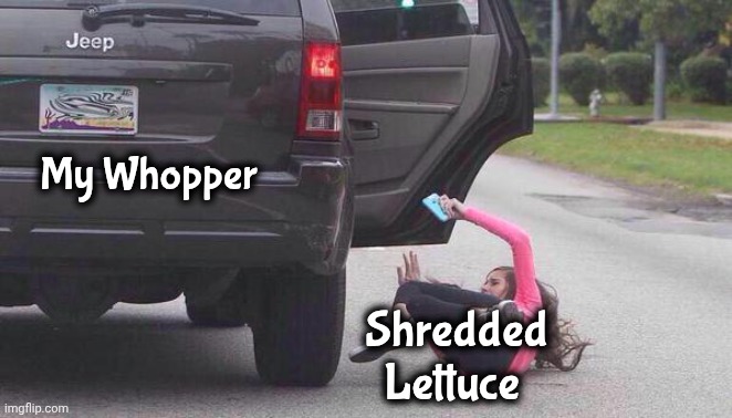 thrown out of car | My Whopper Shredded
Lettuce | image tagged in thrown out of car | made w/ Imgflip meme maker