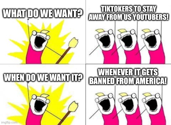 What Do We Want Meme | What do we want? Tiktokers to stay away from us YouTubers! When do we want it? Whenever it gets banned from America! | image tagged in memes,what do we want | made w/ Imgflip meme maker