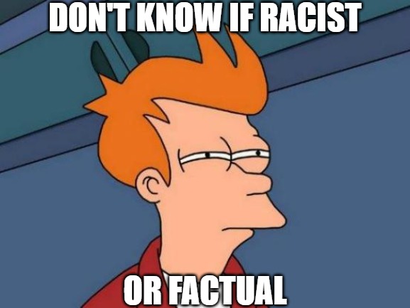 Don't know if racist or factual | image tagged in memes,futurama fry | made w/ Imgflip meme maker