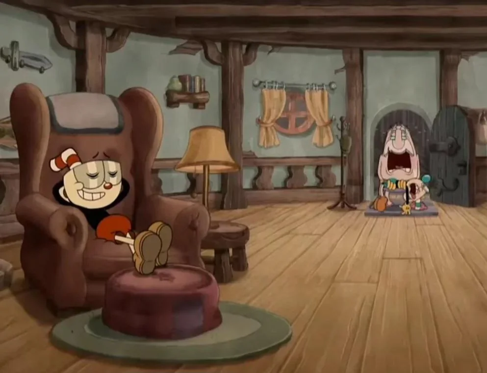 Cuphead Show Grieving In Background, Chilling in Foreground Blank Meme Template