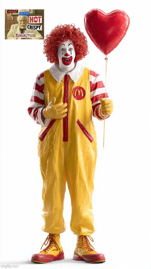 If McDonald's and KFC commercials were mixed | image tagged in ronald mcdonald with an heart balloon | made w/ Imgflip meme maker