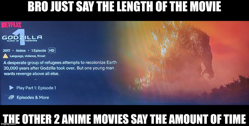 Bro just say the length of the movie; The other 2 anime movies say the amount of time | image tagged in godzilla | made w/ Imgflip meme maker