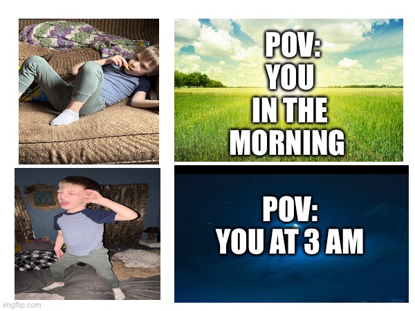 Morning and Night | POV:
You in the
Morning; POV: you at 3 Am | image tagged in pov,funny | made w/ Imgflip meme maker