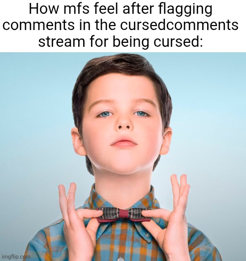 You guys COULD just leave yk | How mfs feel after flagging comments in the cursedcomments stream for being cursed: | image tagged in young sheldon bowtie meme,cursedcomments,comments,cursed,flagged,nerd | made w/ Imgflip meme maker