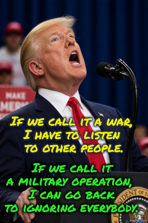 If we call it a war,
I have to listen
 to other people. If we call it
a military operation, 
I can go back
to ignoring everybody. | image tagged in trump,iran,war,military,disaster | made w/ Imgflip meme maker