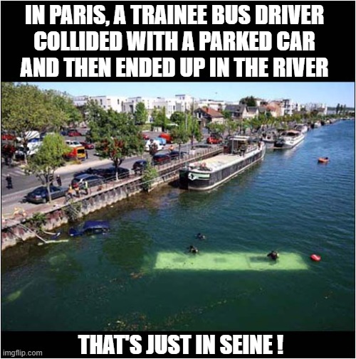 How Did She Do That ? | In Paris, A Trainee bus Driver
collided with a parked car
and then ended up in the river; that's just in seine ! | image tagged in bus driver,crash,paris,play on words | made w/ Imgflip meme maker